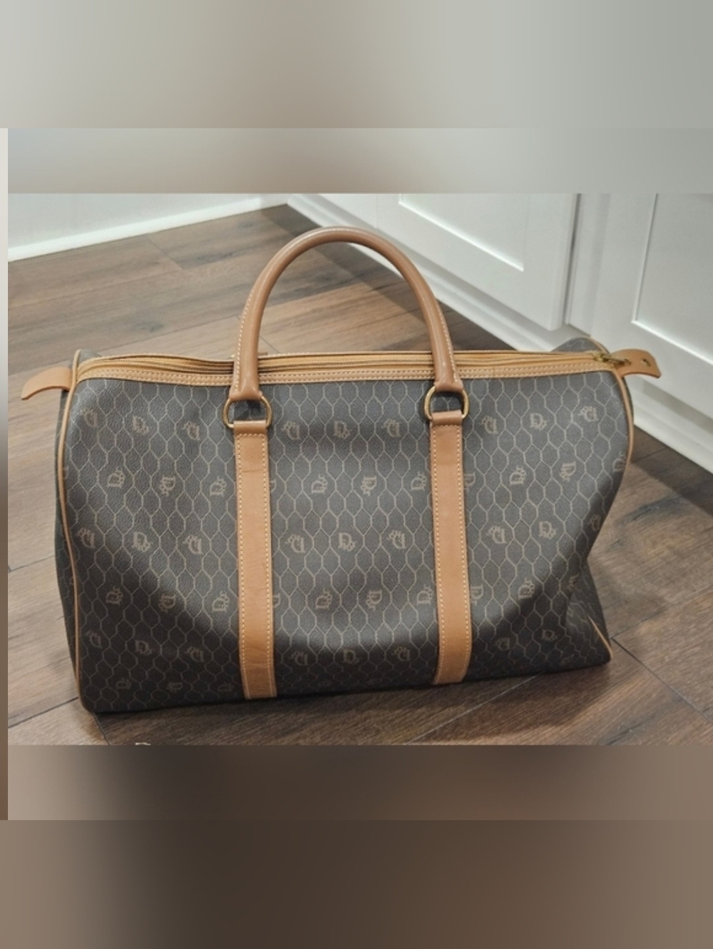CHRISTIAN DIOR Vintage Honeycomb Boston Duffel Bag Navy Tan Leather Italy - Picture 4 of 14
